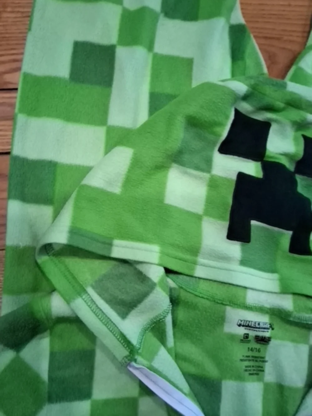 Kids Minecraft Green Pixel-Print One-Piece Hooded Pajamas